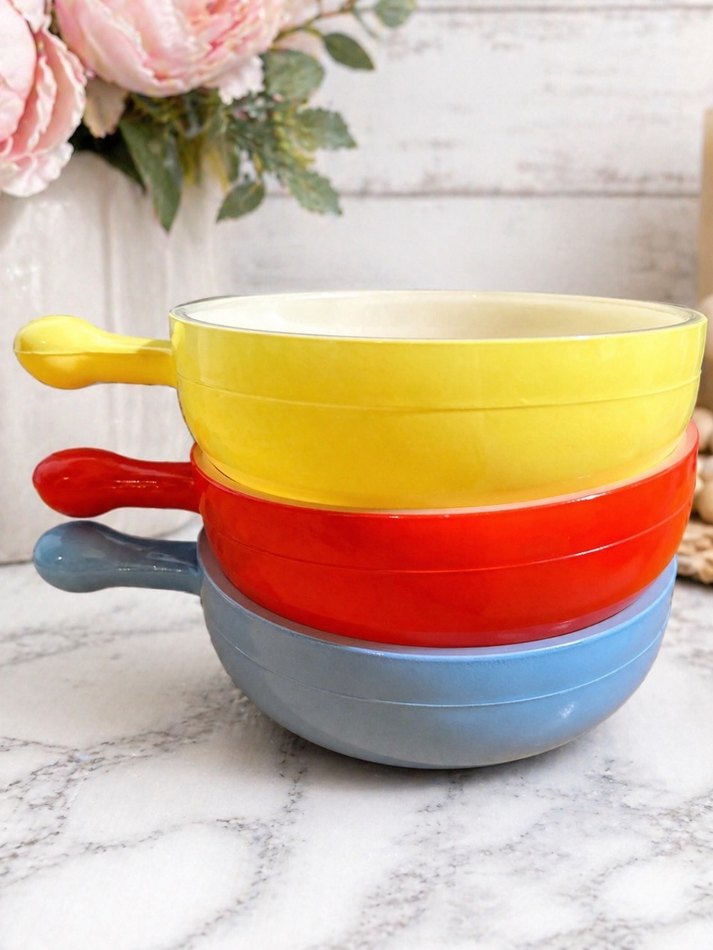 Vintage Glasbake Mini Skillet Bowls Set of 3- Red Yellow Blue-Made on USA